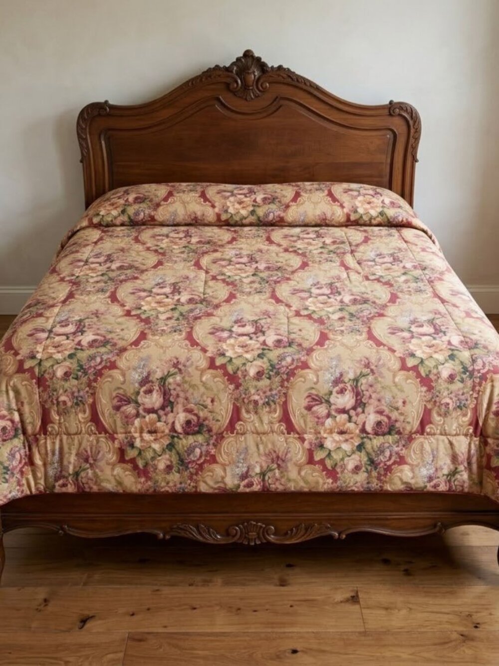 Vintage Floral King Comforter 91 x 103 Cabbage Rose Damask Scroll Burgundy Gold